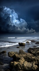 Fototapeta premium Dramatic Ocean Scene with Dark Clouds and Rocky Shore. A stunning coastal landscape under a brooding, stormy sky.