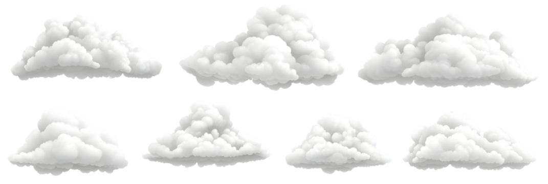 Fluffy white clouds on black background, set of realistic cartoon clouds