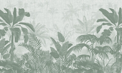 Botanical Wall Mural: Soft Green Palms & Exotic Leaves Panoramic Background