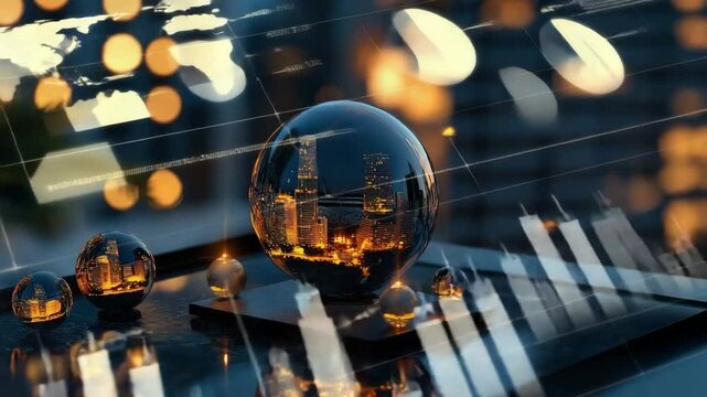Glass spheres reflecting a city skyline at night with warm glowing lights in a dreamy, artistic setting.