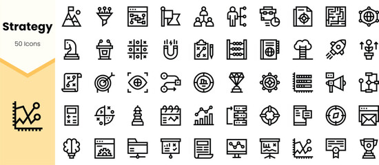 A collection of various black line icons representing strategy concepts, including charts, puzzles, and teamwork elements, on a light background.