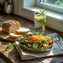 Healthy fresh salad with artisan bread and herbal drink on wooden table, clean eating lifestyle