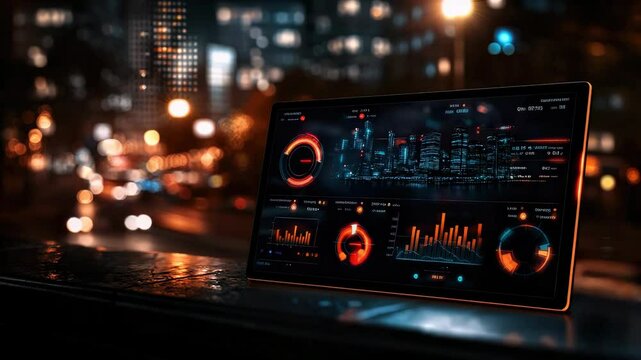 A futuristic tablet displaying analytics dashboards glows brightly against a blurred city nightscape with colorful bokeh lights.