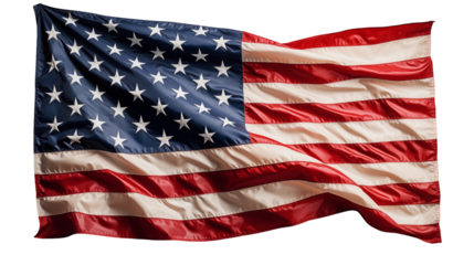 Waving American flag banner, patriotic July 4th background, stars & stripes, red white blue fabric, national symbol, isolated on transparent background.