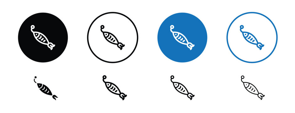 Set of colored pixel perfect Bait Fishing Minnow icon with 1 unexpanded, 1 silhouette,  A minnow baitfish icon commonly used in fishing illustrations. 