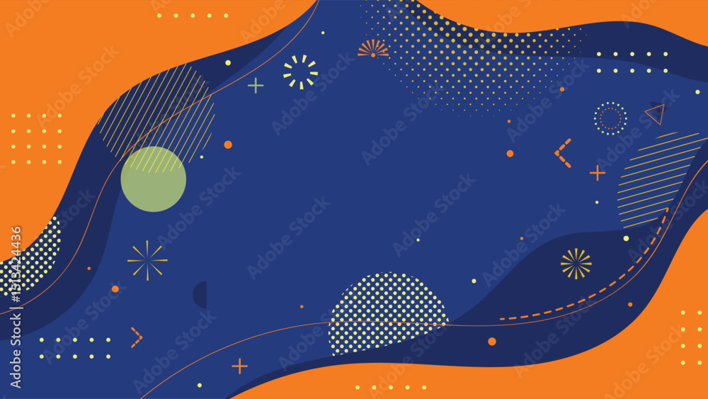 Poster bold playful abstract background in blue and orange featuring geometric shapes. ideal for web design