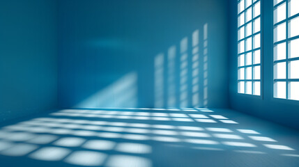 Abstract geometry studio scene with shadow and light. Blue background for luxury product display showroom mockup. Minimal interior aesthetic with empty space, geometric line, square, corner backdrop