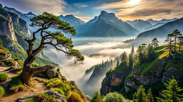 Sunrise over a mountain vista with low clouds and a unique tree