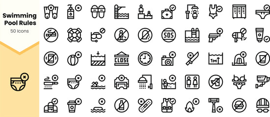 A collection of black icons illustrating swimming pool rules, featuring various safety, activity, and maintenance symbols.