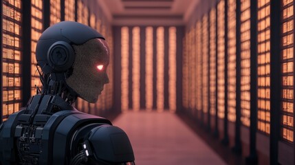 economy growth demand concept. Futuristic robot in a data center with illuminated servers in the background.