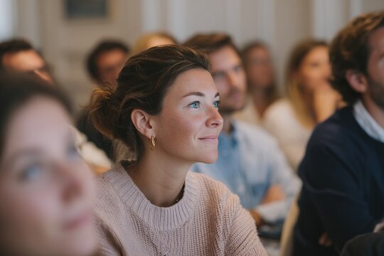 Attentive audience members listening in a lecture hall, one woman stands out with thoughtful gaze and earrings.