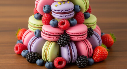 Tower of macaroons intertwined with fresh berries, close-up on wooden surface, stunning textures and colors, attractive details