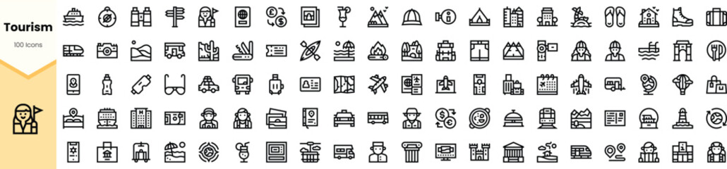 A diverse collection of line icons representing various aspects of tourism, showcasing essential travel elements and cultural landmarks in a minimalistic design.