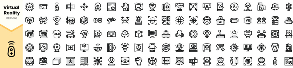 A comprehensive collection of monochrome virtual reality icons, showcasing various elements like headsets, controllers, and user interfaces in a modern and minimalist style.