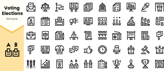 A collection of thin line icons representing voting and elections, including ballots, polls, trophies, and voting booths, suitable for election-themed projects.