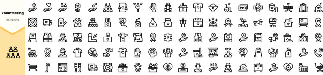 A collection of unique black icons representing various volunteering activities, showcasing community service, support, and engagement symbols.