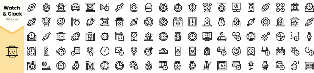 A collection of various clock and watch icons, featuring a minimalist design in black , suitable for modern applications and digital interfaces.