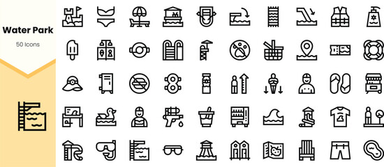 A diverse collection of water park icons featuring attractions, gear, and activities, ideal for summer fun and aquatic adventures.