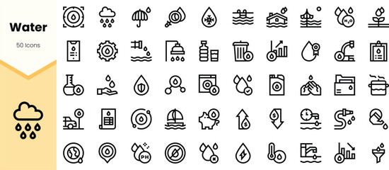 A diverse collection of water-related icons in a minimalist design, representing various concepts like conservation, rain, and purification with a light color scheme.