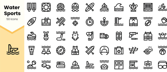A collection of black icons representing various water sports, including surfing, swimming, and kayaking, perfect for sports enthusiasts and graphic design.