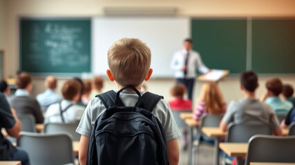 The boy was late at school wearing a grey short-sleeved T-shirt and a black backpack on his back