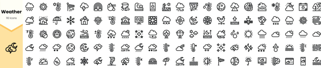 A diverse collection of weather icons showcasing various weather conditions, including sun, rain, snow, and storms. Perfect for illustrating forecasts and meteorological concepts.