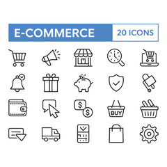 Online shopping simplified 20 icons in clean outline style