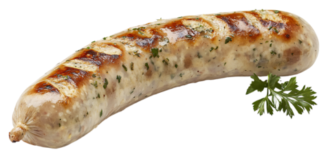 Delicious grilled bratwurst sausage with parsley garnish on a transparent background Concept of gourmet food, barbecue, and traditional German cuisine
