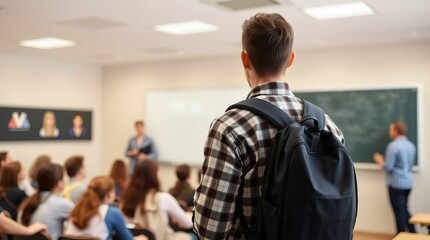 Obraz premium The student in the brown checkered shirt was late for class because he overslept
