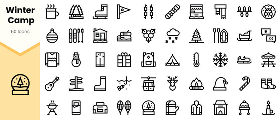 A collection of winter-themed icons featuring snowy landscapes, holiday decorations, and outdoor activities, all in a minimalist line art style.