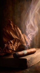 A lit cigar with rising smoke, resting on a wooden surface with an old leaf in the background.