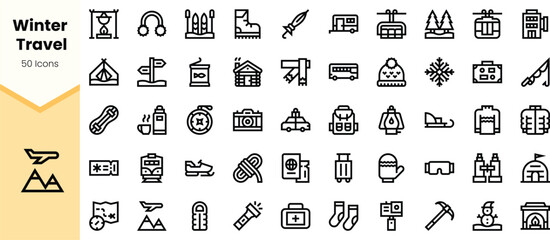 A collection of minimalist winter travel icons showcasing various elements like snow, skiing, and transportation, perfect for travel-themed designs.