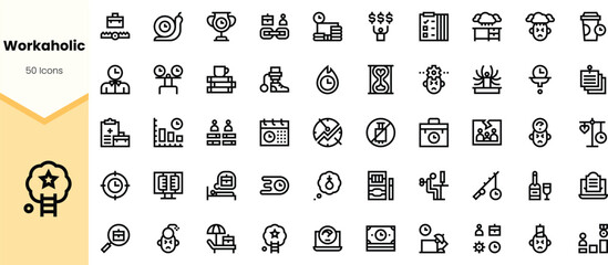 A collection of minimalist line icons representing work-related themes, including productivity, finance, teamwork, and technology, all designed for modern use.