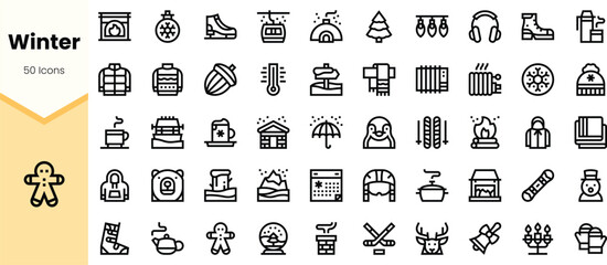 A collection of winter-themed icons, featuring snowflakes, holiday items, and cozy elements, ideal for seasonal designs and illustrations.