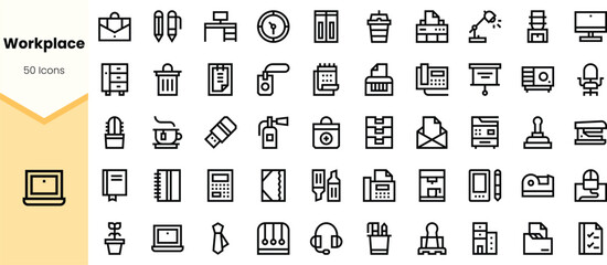 A diverse collection of minimalist line icons representing various workplace elements, including office supplies, furniture, and technology in a clean design.