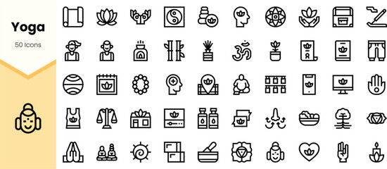 A creative collection of yoga-themed icons featuring various symbols representing wellness, meditation, and mindfulness. Perfect for promoting a healthy lifestyle.