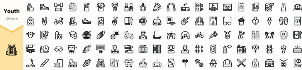 A collection of youth-related icons showcasing diverse interests including technology, music, sports, and leisure. Perfect for vibrant, youthful designs.