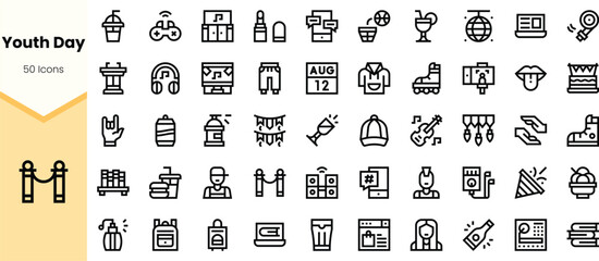 A collection of minimalist icons representing Youth Day themes, including music, gaming, sports, and celebration elements.