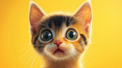 A startled kitten displays wide open eyes and a surprised expression against a vibrant yellow background