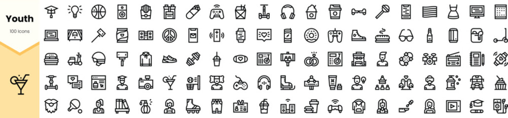 A diverse collection of black icons representing youth activities, interests, and lifestyle including sports, music, technology, and social gatherings.