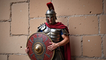 Roman Soldier in Armor Standing Before Ancient Wall, Historical Warrior, Legionnaire, Battle-Ready, Helmet with Red Plume, Shield, Copyspace