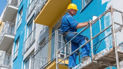 Fototapeta premium Man on scaffolding painting exterior wall of building with roller under sunlight