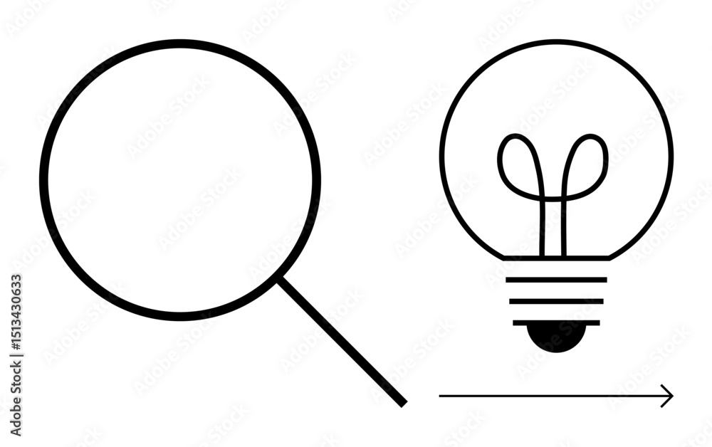 Poster magnifying glass pointing at a light bulb with a directional arrow symbolizing research, idea genera