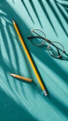 Flatlay of Yellow Pencil and Glasses on Teal Textured Background