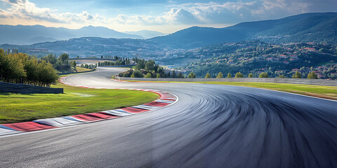 Fototapeta premium A winding racetrack motorsport circuit is shown traversing through lush green hills under a bright sky. Formula and car racing concept backdrop