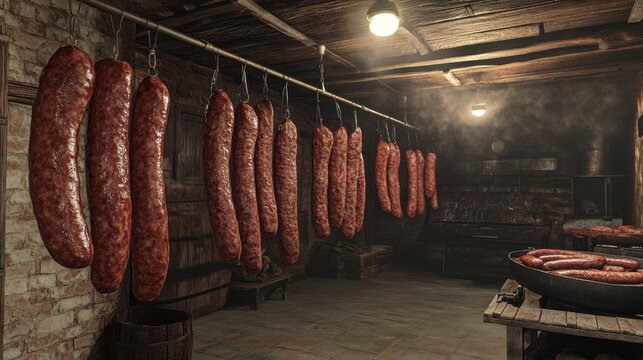 Smoked sausages hanging in a smokehouse, curing and drying process - Powered by Adobe