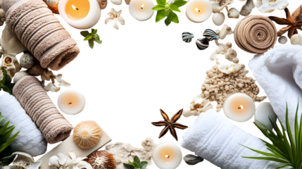 Wellness and relaxation theme featuring candles, towels, and natural spa elements