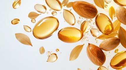 Floating argan nuts, golden oil capsules, leaves, and small bubbles. For ads featuring cosmetic products, skin care, and hair care oil.
