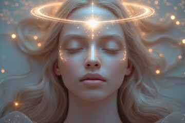 a serene woman with her eyes closed, her forehead adorned with a radiant, glowing third eye that pulsates with a soft, ethereal lighting
