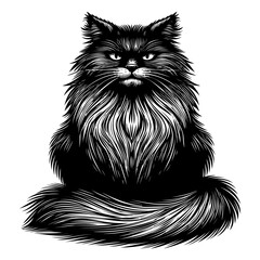 Intricate black and white line art of a seated cat in vintage woodcut style, confident feline bold linework detailed fur texture.